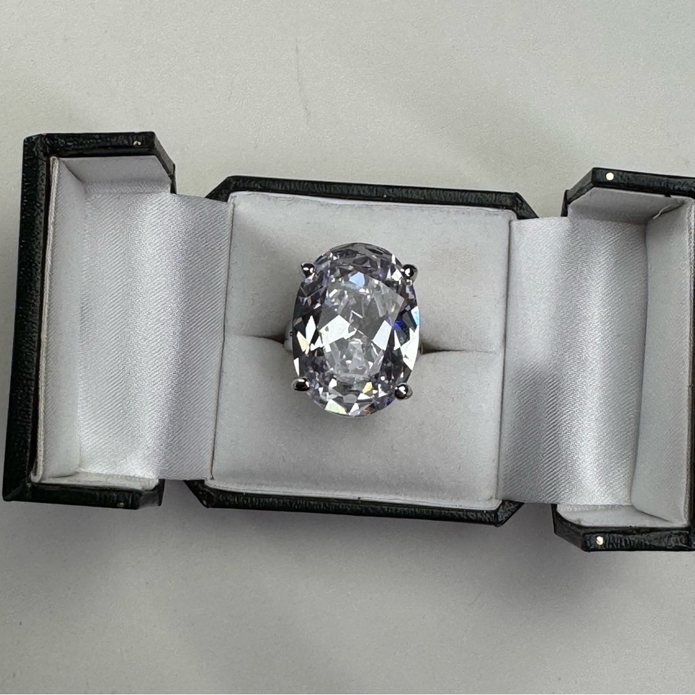 Large Oval CZ Cocktail Ring Silver Tone Statement Ring Size 8